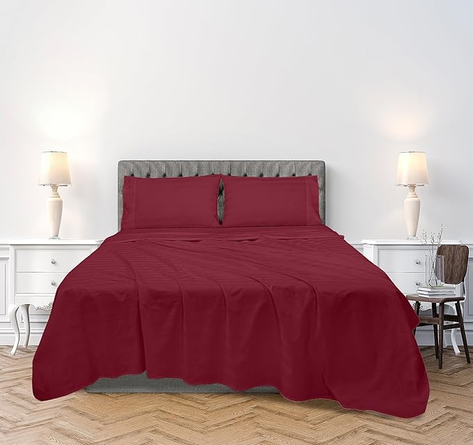 ROYALE LINENS 300 Thread Count 100% Long Staple Combed Cotton Striped Sheet Set - 4 Piece Full Bed Sheets - 1 Fitted, 1 Flat, 2 Pillow Cases -Soft Cool & Crisp Sheet Set (Full, Multi Stripe Burgundy)