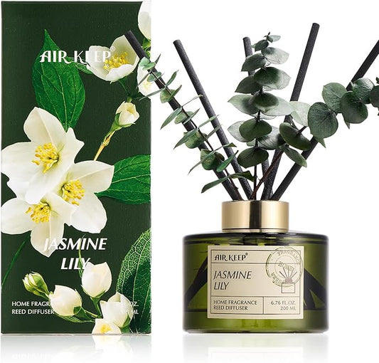 Airkeep Reed Diffuser Set with 6.76 fl oz Jasmine Lily Scent Essential Oils and 3 Leaves & 8 Diffuser Sticks,Bathroom Shelf Decor & Air Freshener, House Bedroom Office Decor & Gifts
