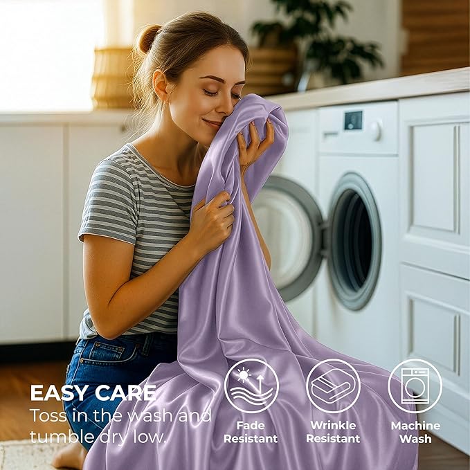 Satin Sheets Twin [3-Piece, Lavender] Hotel Luxury Silky Bed Sheets - Extra Soft 1800 Microfiber Sheet Set, Wrinkle, Fade, Stain Resistant - Deep Pocket Fitted Sheet, Flat Sheet, Pillow Cases