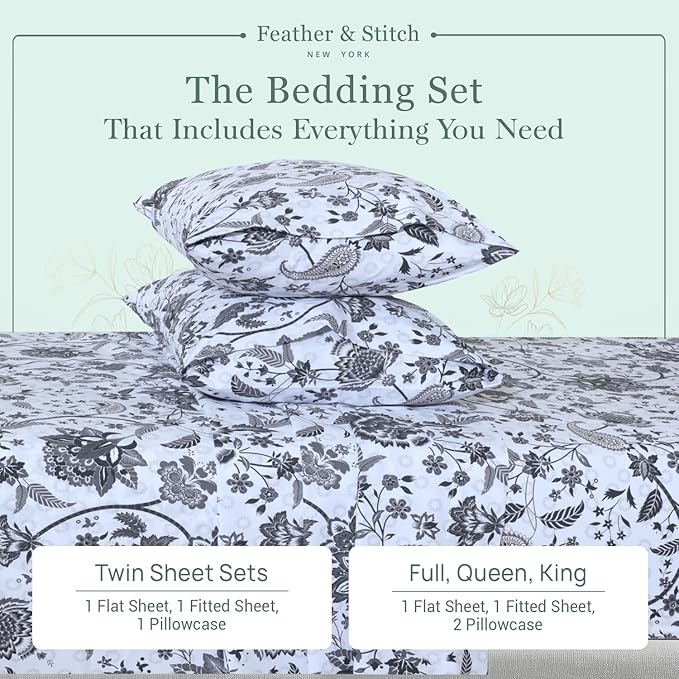Feather & Stitch Softest 100% Cotton Sheets, 300 Thread Count Percale Weave Bedding, 16" Deep Pocket, Cooling Sheets, Breathable Bed Set, Hotel Premium Quality (King, Grey Floral Paisley)