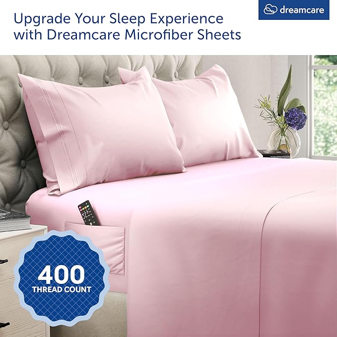 DREAMCARE King Size Sheets Set - Cooling Bed Sheets - 4pcs Set - up to 15" Deep Pocket King Sheet Set – Soft & Long Lasting Cooling - 100% Fine Brushed Polyester with Side Pocket, Pink
