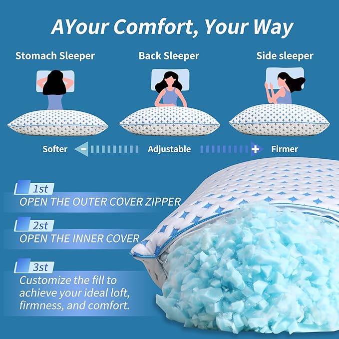 Memory Foam Pillows 2 Pack – Adjustable Loft Cooling Pillows Standard Size Set of 2 for Sleeping, Firm, Supportive, and Breathable Design for Hot, Side, Back, and Stomach Sleepers