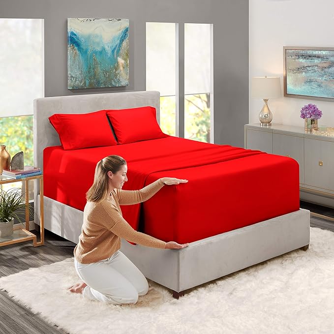 Nestl Twin Size Sheet Set, 4 Piece Extra Deep Pocket (18-24 inches), Microfiber, Hotel Luxury, Soft, Breathable, Wrinkle-Free, Easy to Care, Red