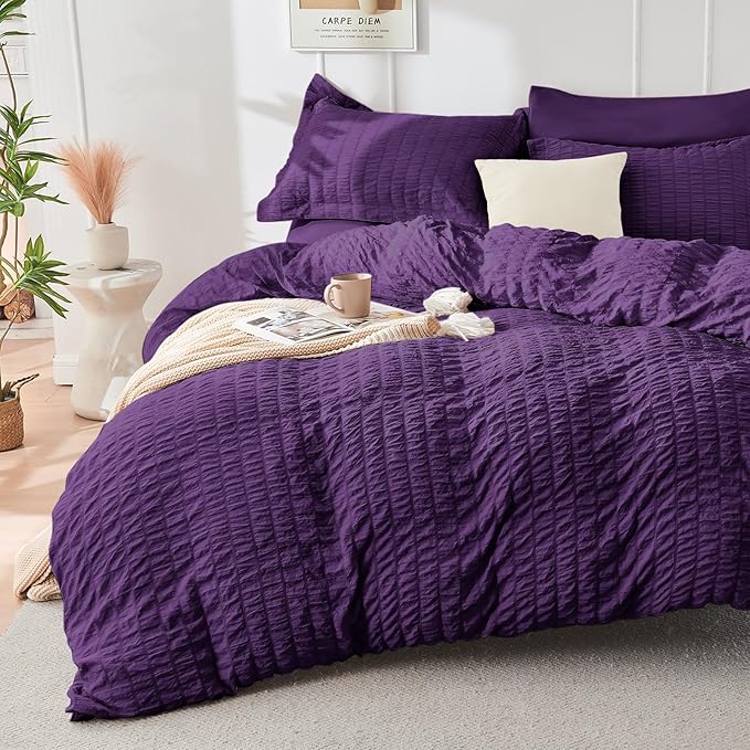 HYMOKEGE Dark Purple Queen Comforter Set Seersucker 7 Pieces, All Season Luxury Bed in a Bag Queen for Bedroom, Bedding Set with Comforter, Sheets, Pillowcases & Shams