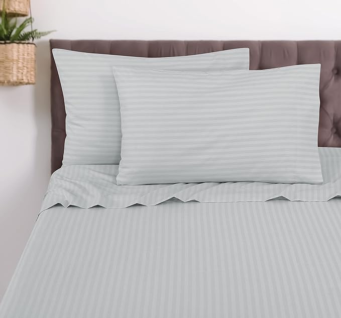 ROYALE LINENS 3 Piece Twin Sheets Set - Soft Brushed 1800 Microfiber Bedding - 1 Fitted, 1 Flat Sheet, 1 Pillow case - Wrinkle Free & Fade Resistant - Hotel Luxury Bed Sheets (Stripe Silver, Twin)
