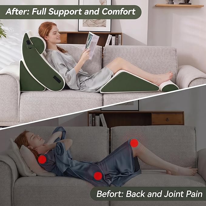 5PCS Wedge Pillow Set for After Surgery,Bed Orthopedic Pillow for Sleeping, Memory Foam Back Pillow for Pain Relief and Acid Reflux, Adjustable Sitting Up for Bed Post Surgery Pillow Green
