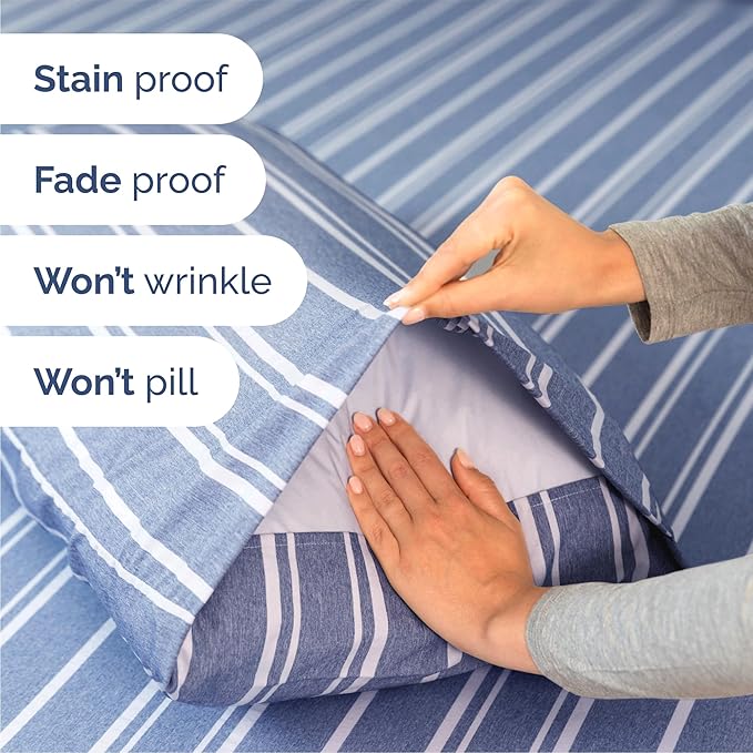Queen Size 4 Piece Sheet Set - Comfy Breathable & Cooling Sheets - Hotel Luxury Bed Sheets for Women & Men - Deep Pockets, Easy-Fit, Soft & Wrinkle Free Sheets - Blue Stripes Oeko-Tex Bed Sheet Set