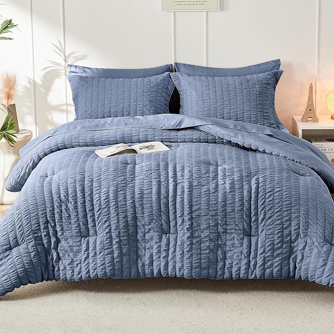 HYMOKEGE Nordic Blue California King Comforter Set Seersucker 7 Pieces, All Season Luxury Bed in a Bag for Bedroom, Bedding Set with Comforter, Sheets, Pillowcases & Shams