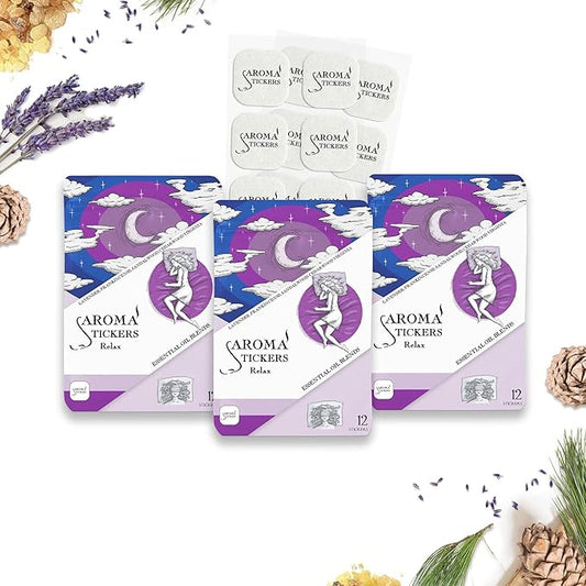 AROMA STICKERS® Original Blend Relax Edition - 100% Natural Essential Oil Scented - Diffuser Stickers for Personal Space - Lavender/Relaxing $ Sleeping (Pack of 3, Total of 36 Stickers)