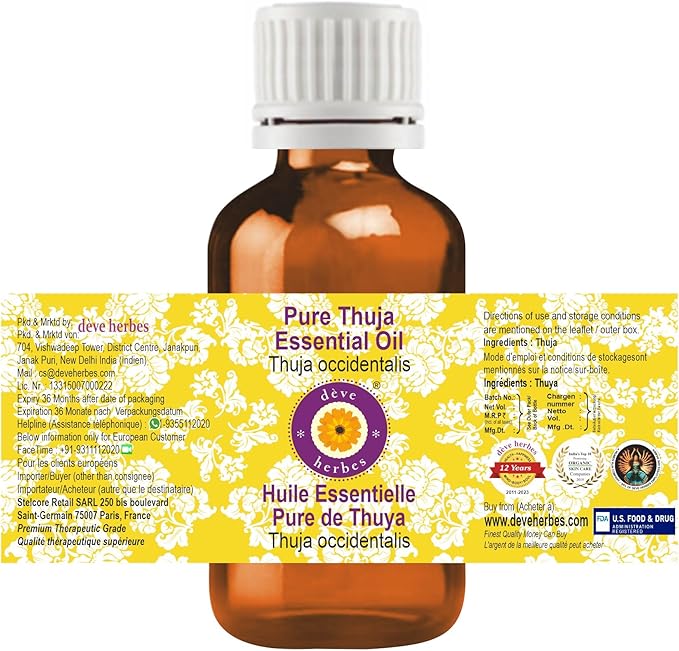 Deve Herbes Pure Thuja Essential Oil (Thuja occidentalis) Steam Distilled (Pack of Two) 100ml X 2 (6.76 oz)