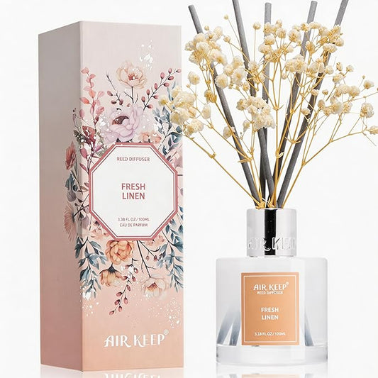 Airkeep Reed Diffuser Set,3.38 fl oz (100 ml) - Fresh Linen Oil Diffusers with 8 Reed Sticks, Home Fragrance Reed Diffuser for Bathroom Shelf Decor