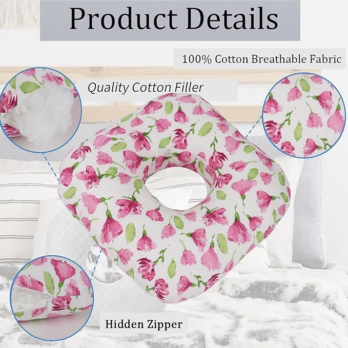 Ear Piercing Pillow for Side Sleepers, Pillow with an Ear Hole for CNH and Ear Pain Ear Inflammation Pressure Sores, O-Shaped Side Sleeping Pillow, Ear Guard Pillow (Rosered Iris Flowers)