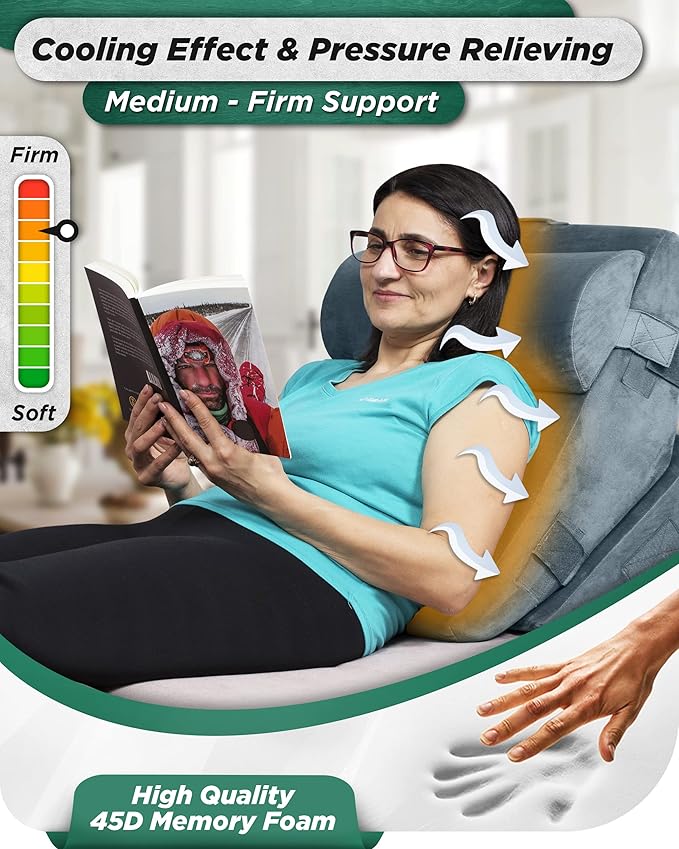 Lunix LX6 3-Piece Compact Support for Reading, Rest & Leg Elevation, Premium Odor-Free Orthopedic Bed Wedge Pillow Set, Memory Foam, Washable Cover, Stone Navy with Aloe Vera