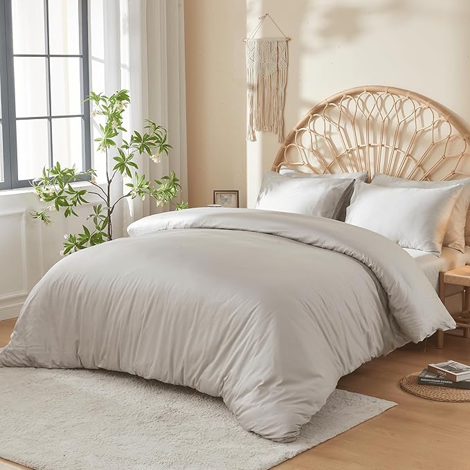 DOZ 100% Long Staple Cotton Duvet Cover Set, Soft Sateen Weave Cotton, Smooth, Breathable, Hotel Comfort, 90"x90", 8 Loops, 3pc – 2 Pillowcases 1 Duvet Cover (Dove, Full/Queen)