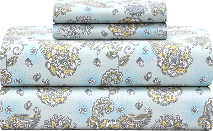 Feather & Stitch Softest 100% Cotton Sheets, 300 Thread Count Percale Weave Bedding, 16" Deep Pocket, Cooling Sheets, Breathable Bed Set, Hotel Premium Quality (Full, Aqua Paisley)