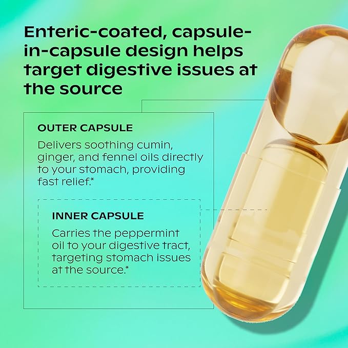 wholier Peppermint Stomach Soother with Peppermint Oil, Ginger, Fennel, Spearmint & Black Cumin Seed Oil, Bloating, Gas, Nausea & Digestive Support for Adults, Vegan, Gluten Free, 60 Dual Capsules