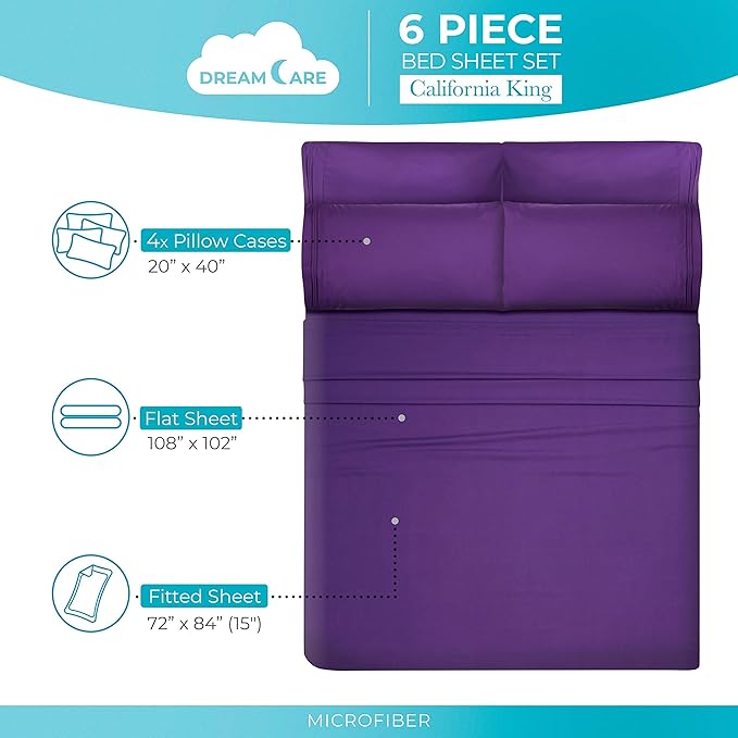 DREAMCARE California King Sheet Sets - 6 pcs Breathable Cooling Bed Sheets - up to 15" Deep California King Sheets with Side Pockets -Extra Soft 100% Brushed Hypoallergenic Hotel Luxury Bedding Purple