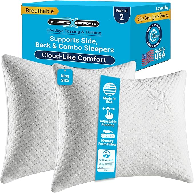 Xtreme Comforts GREENGUARD Certified King Pillows for Sleeping Made in The USA (2 Pack) | Adjustable King Memory Foam Pillow for Side, Back & Stomach Sleepers w/Removable Cooling Zipper Cover