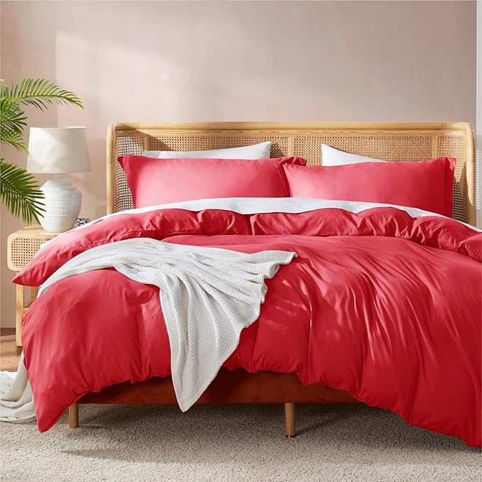Nestl Twin Duvet Cover Set with Comforter Insert - Red 3 Piece 68x90 Duvet Cover & 1 Pillow Sham with White Quilted Down Alternative Comforter, Ultra Soft, All Season