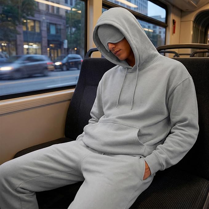 Ainangua Mens Oversized Pullover Essentials Hoodie with Eye Mask Built In Comfor Airplane Mode Travel Sleep Wearable Blanket