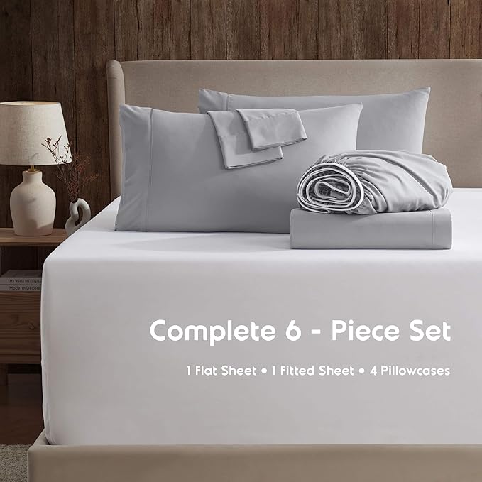 Nestl Extra Deep Queen Sheet Set - 6 Piece Breathable & Cooling Sheets - Hotel Luxury Bedding Set w/18-24 Inch Deep Pockets - Easy & Secure Fit - Super Soft, Wrinkle Free & Comfy - Grey