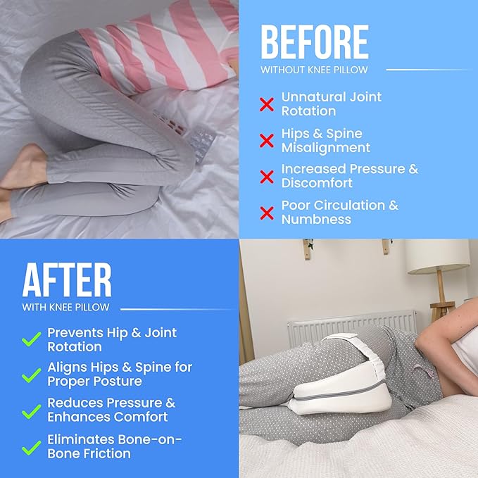 Memory Foam Knee Pillow for Side Sleepers Hip Pain with Adjustable Strap - Between Leg Pillow for Side Sleeping - Sciatica Pain Relief Support for Back, Knees, Joints, and Spine Alignment Cushion