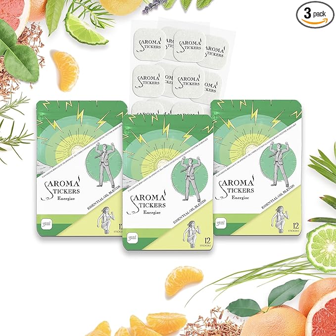 AROMA STICKERS® Original Blend ENERGIZE - 100% Natural Essential Oil Scented Diffuser Sticker - Aromatherapy for Personal Space - Towels, Blankets, Face Mask & Pillow (Pack of 3, 36 Stickers Total)