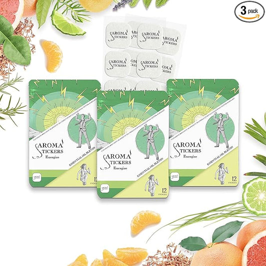 AROMA STICKERS® Original Blend ENERGIZE - 100% Natural Essential Oil Scented Diffuser Sticker - Aromatherapy for Personal Space - Towels, Blankets, Face Mask & Pillow (Pack of 3, 36 Stickers Total)