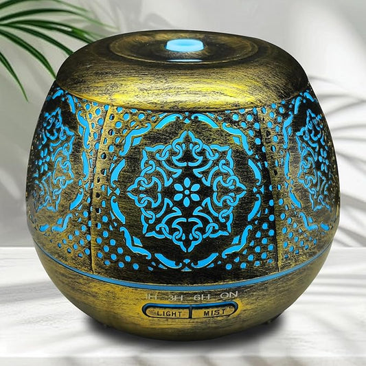 500ml Metal Essential Oil Diffuser, Antique Gold Aromatherapy Diffuser, Moroccan Hollow Out Design, 7 Color LED, Timer, Auto Shut-Off, Vintage Iron Cool Mist Humidifier for Large Room, Home Decor Gift