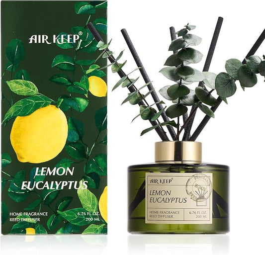 Airkeep Reed Diffuser Set with 6.76 fl oz Lemon Eucalyptus Scent Essential Oils and 3 Leaves & 8 Diffuser Sticks,Bathroom Shelf Decor & Air Freshener, House Bedroom Office Decor & Gifts