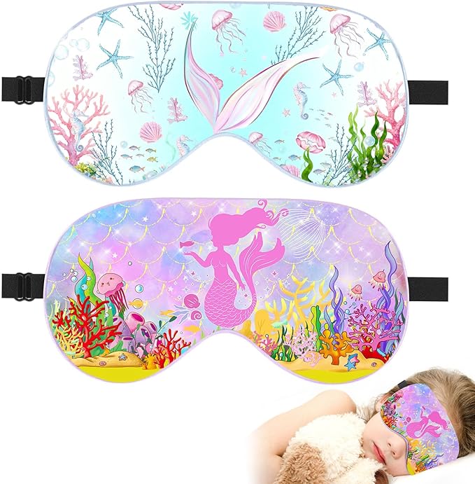 2 Pcs Sleep Mask for Kids Girls, Silk Eye Covers for Sleeping, Adjustable Strap & Light Blocking Design, Children's Bedtime Blindfold for Travel and Home Use (Mermaid)