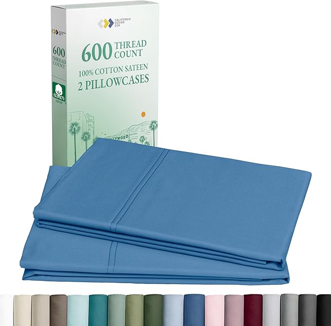 Pillow Cases Queen/Standard Set of 2-600 Thread Count Sateen, Natural 100% Cotton Pillow Case Pair, Crisp, Durable Bedding - Parisian Blue