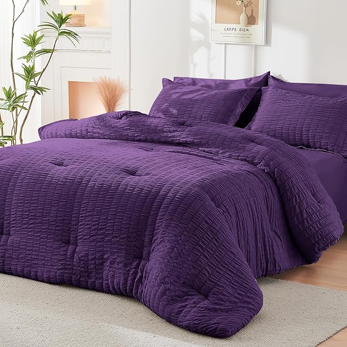 HYMOKEGE Dark Purple King Size Comforter Set Seersucker 7 Pieces, All Season Luxury Bed in a Bag for Bedroom, Bedding Set with Comforter, Sheets, Pillowcases & Shams