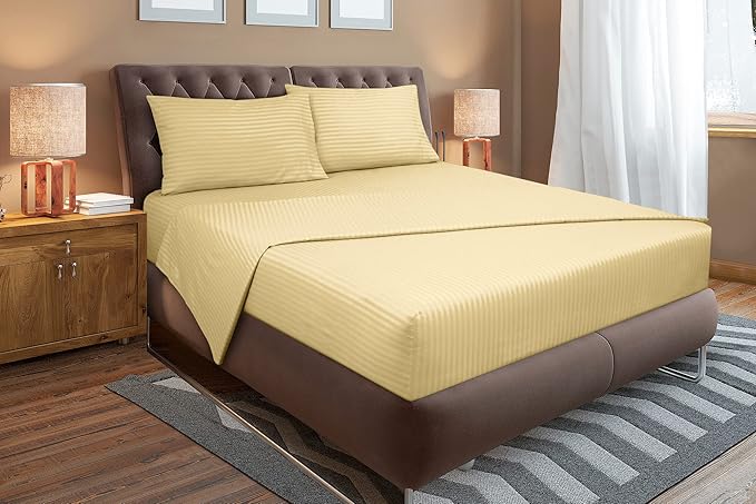 ROYALE LINENS 4 Piece Cal King Sheets Set - Soft Brushed Microfiber Bedding - 1 Fitted, 1 Flat Sheet, 2 Pillow Cases - Wrinkle Free & Fade Resistant - Hotel Luxury Bed Sheets (Stripe Sand, Cal King)
