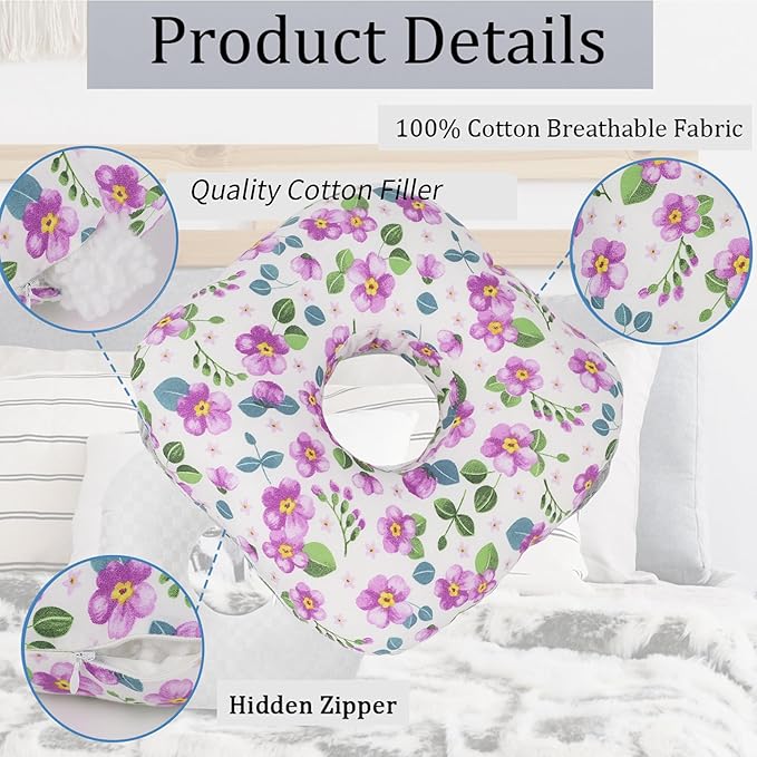 Ear Piercing Pillow for Side Sleepers, Pillow with an Ear Hole for CNH and Ear Pain Ear Inflammation Pressure Sores, O-Shaped Side Sleeping Pillow, Ear Guard Pillow (Purple Flowers)