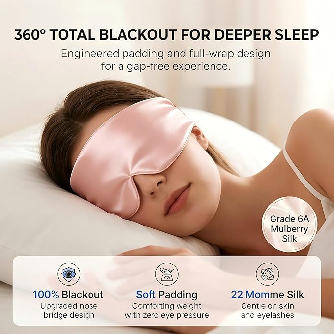 Silk Sleep Mask for Side Sleepers, Eye Mask for Sleeping Women Men, Face-Hugging Padded Eye Cover, 100% 22 Momme Pure Mulberry Silk, Soft Light Blocking Mask for Travel, Naps & Shift Workers (Pink)