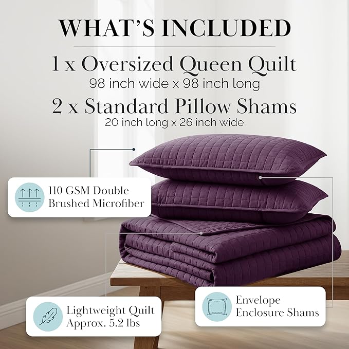 Southshore Fine Living, Inc. Quilts, Queen Size/Full Size Quilt Bedding Set, Stain & Pet Hair Resistant Bedding, Coverlet Queen Size/Full Size Lightweight Bedspread with 2 Pillow Shams, Purple