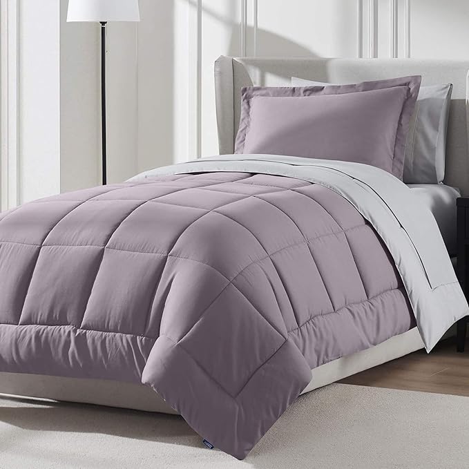 Nestl 7 Piece Twin XL Comforter Set – Dusty Purple Reversible Bed in a Bag – Complete Twin XL Size Bedding Set with Sheets, Set of 2 Cooling Pillows, Pillowcase and Sham