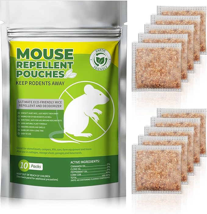 10 Packs Mice Repellent Pouches, Peppermint Oil Rodent Repeller, Natural Pest Control for Rats Squirrels Insects, Indoor Outdoor Mouse Deterrent, Pet & Family Safe Alternative to Traps & Poison