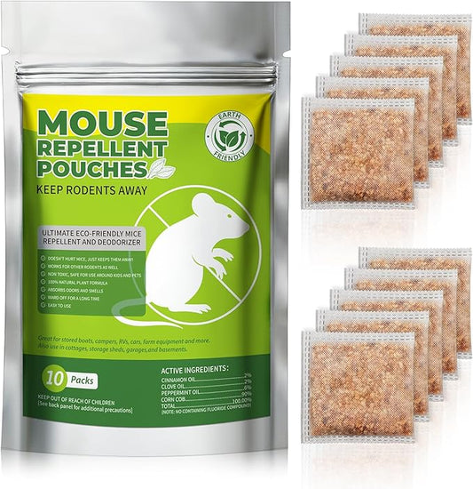 10 Packs Mice Repellent Pouches, Peppermint Oil Rodent Repeller, Natural Pest Control for Rats Squirrels Insects, Indoor Outdoor Mouse Deterrent, Pet & Family Safe Alternative to Traps & Poison