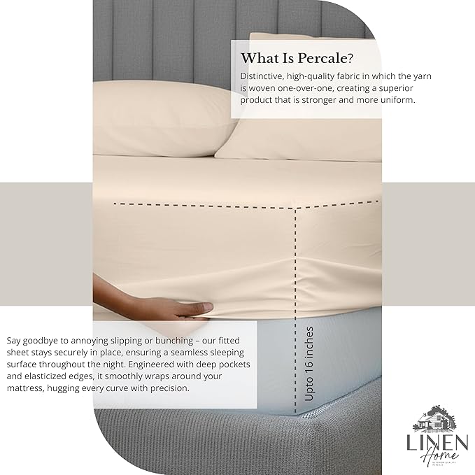 Linen Home 6 Piece Full Size Cotton Sheet Set, 100% Cotton Percale, 4 Pillowcases, Deep Pocket with All Around Elastic Sheet, Crisp Breathable Bedding, Hotel Luxury, Long-Staple Combed Cotton, Ivory