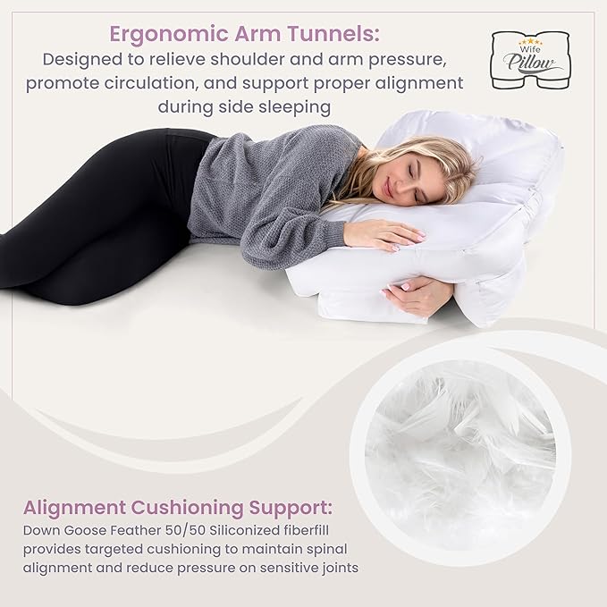 Wife Pillow Side Sleeper Pillow with Arm Hole for Shoulder Pain Relief, Arm Tunnel Design for Proper Neck & Spine Alignment, All-Night Comfort for Adults - Down Goose Feather/FiberFill