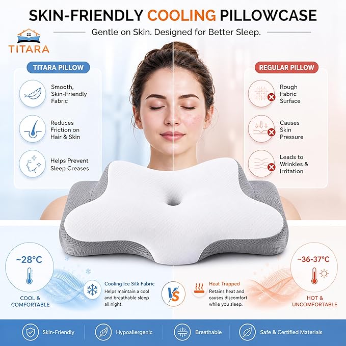 Cervical Neck Pillow for Pain Relief, Memory Foam Contour Pillow Dual Height 5.5/3.7 for Neck Shoulder Support – Ergonomic Orthopedic Cooling Pillow Side Back Stomach Sleepers Arm Support