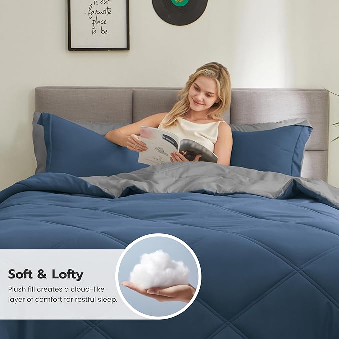Joiedomi California King Comforter Set with Sheets Navy Blue, 7 Pieces Bedding Set with 1 Down Alternative Comforter, 1 Flat Sheet, 1 Fitted Sheet, 2 Pillowcases and 2 Pillow Shams, Bed in a Bag