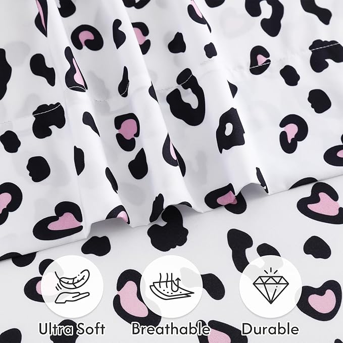 Twin Sheets Set, Leopard 3-Piece Brushed Microfiber Sheets, Cooling Bed Sheet Set, Soft & Breathable, 16' Deep Pocket Fitted Sheet & Pillowcase Set, Pink Hearts Leopard