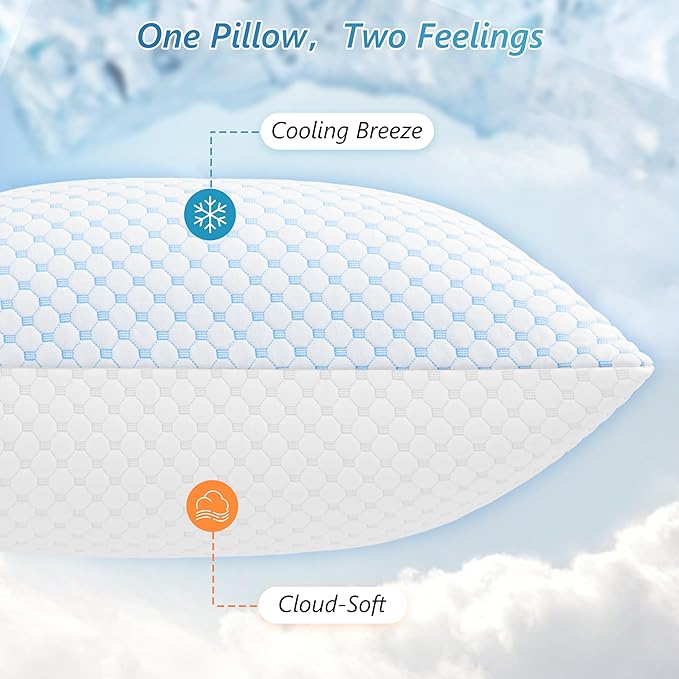 UYWO Cooling Firm Bed Pillows Set of 2, Shredded Memory Foam Pillows for Sleeping Luxury Gel Pillows for Side Back Stomach Sleepers with Removable Washable Cover(Blue, Queen)