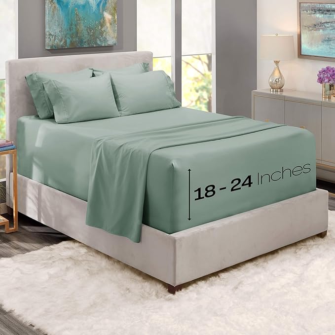 Hearth & Harbor Bed Sheets, Luxury Soft 6 Piece Bed Sheet Set Extra Deep Pocket Fitted Sheets Fits Mattress up to 21", Double Brushed Bedding Sheets & Pillowcases, Cal King, Ice Green