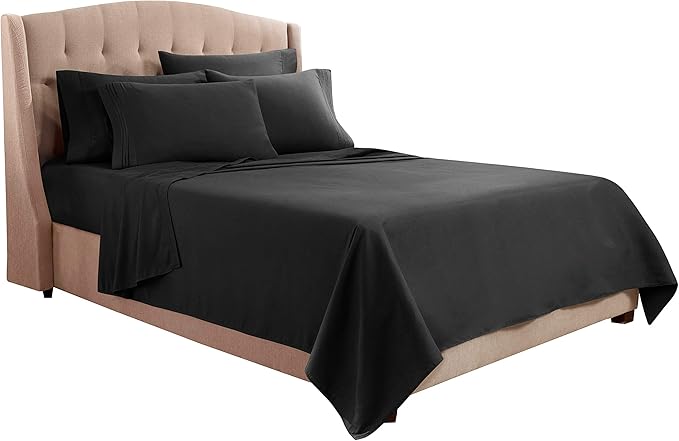 Clara Clark Cal King Sheets, 6 Piece Set - Hotel Luxury Sheets for Cal King Size Bed, Super Soft Bedding Set, Cal King Size, Black
