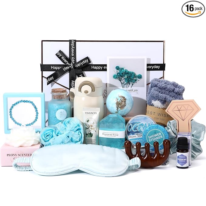 Sea Team 16-Pack Relaxing SPA Gift Set for Women, Valentine Day Gift, Shower Kit with Bath Bomb, Bath Salt, Handmade Soap, Cream, Essential oil, Gift Box Included, Bluebell