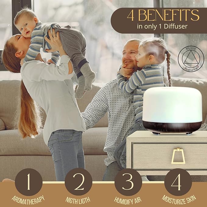 Mystic Romance Essential Oil Diffuser, 300ml Aromatherapy Humidifer and Nigth Ligth for Relaxing Atmosphere in Home Office Yoga and Spa, for Everyone, Auto-Off Safety Switch. Dark Wood